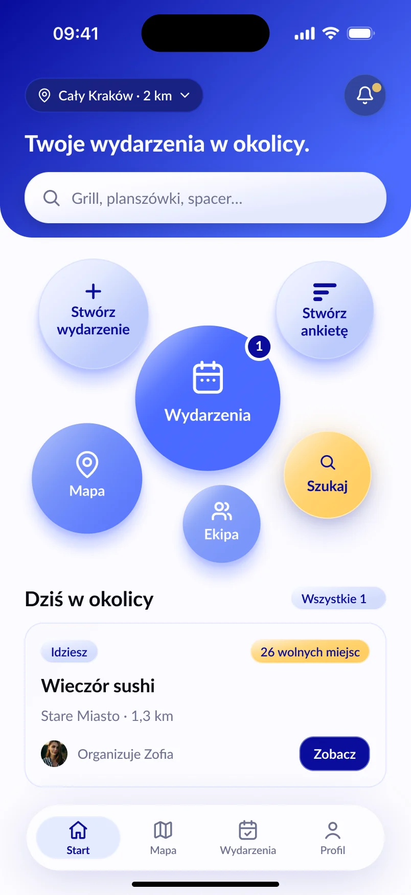 Ekran Start aplikacji Lutra: wydarzenia w okolicy